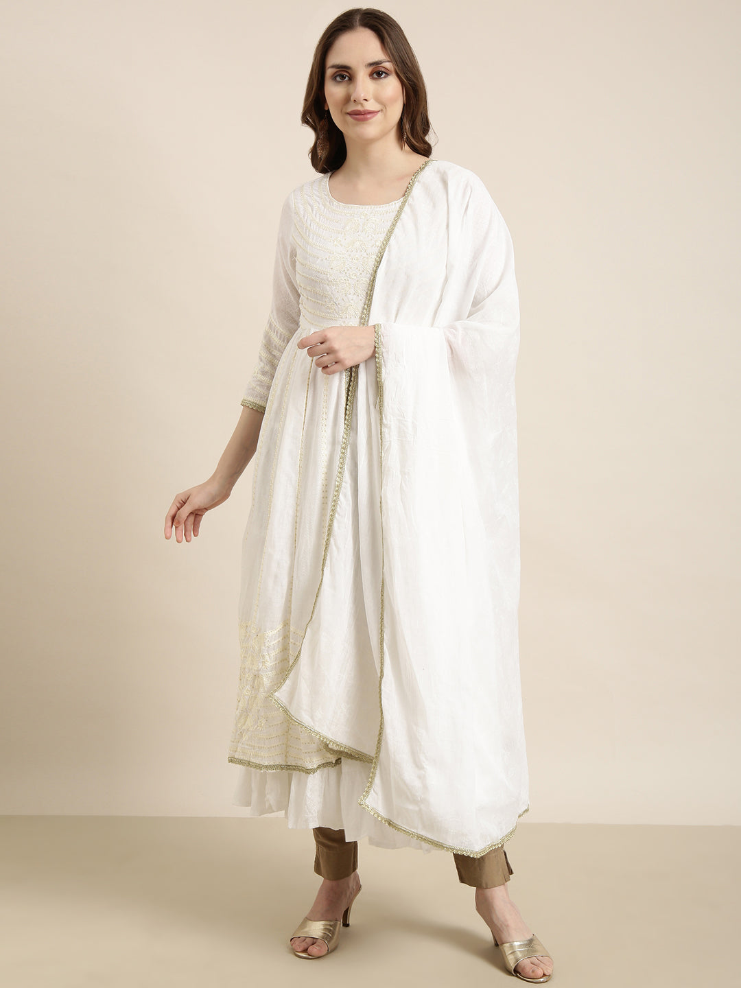 Women's Anarkali Off White Embellished Kurta Sets with Dupatta & Potli Bag