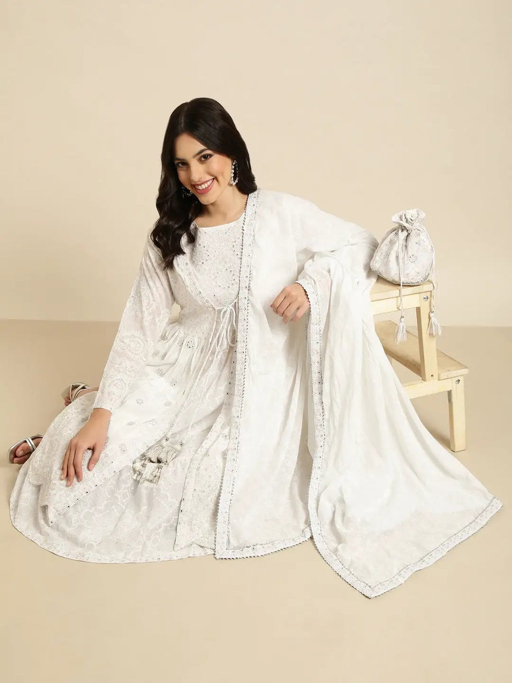 Women's Anarkali White Floral Coat Kurta Sets with Sharara & Dupatta and Potli Bag