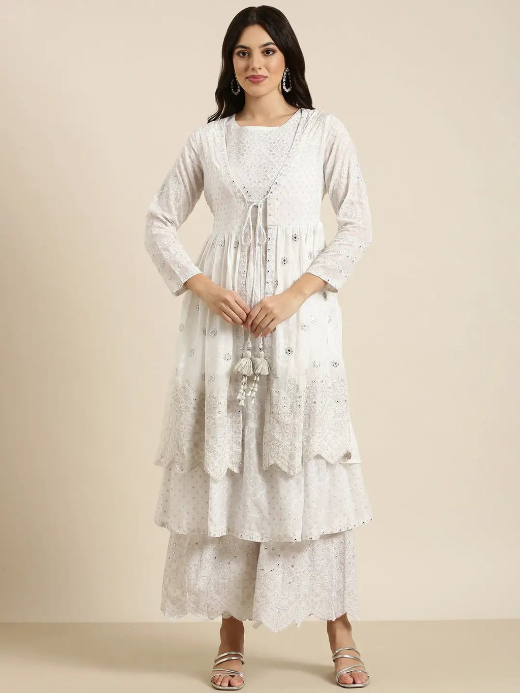 Women's Anarkali White Floral Coat Kurta Sets with Sharara & Dupatta and Potli Bag