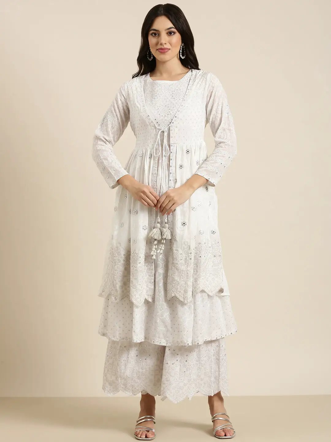 Women's Anarkali White Floral Coat Kurta Sets with Sharara & Dupatta and Potli Bag