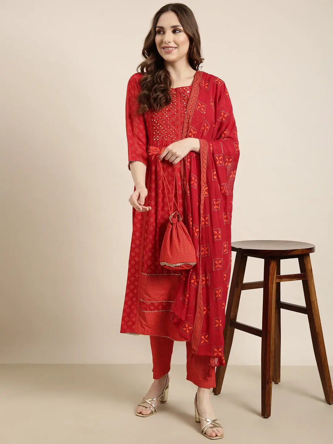 Women's A-Line Red Geometric Kurta Sets with Trousers & Dupatta & Potli Bag