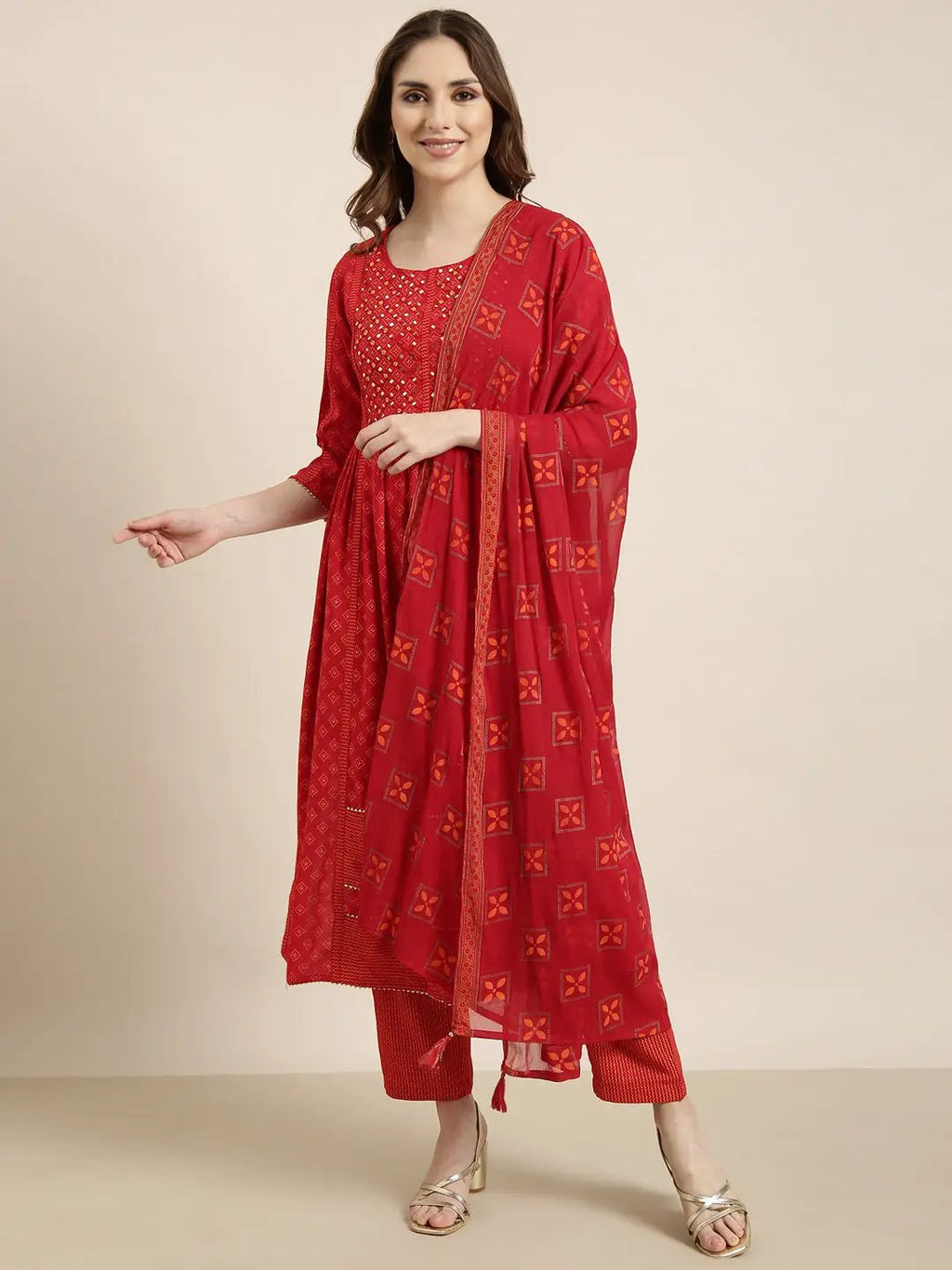 Women's A-Line Red Geometric Kurta Sets with Trousers & Dupatta & Potli Bag