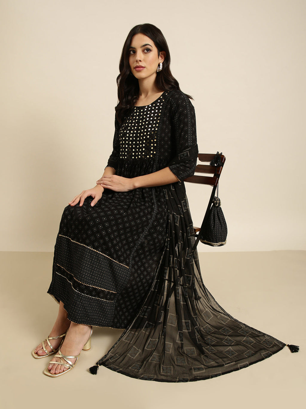 Women's A-Line Black Printed Kurta Sets with Trousers & Dupatta