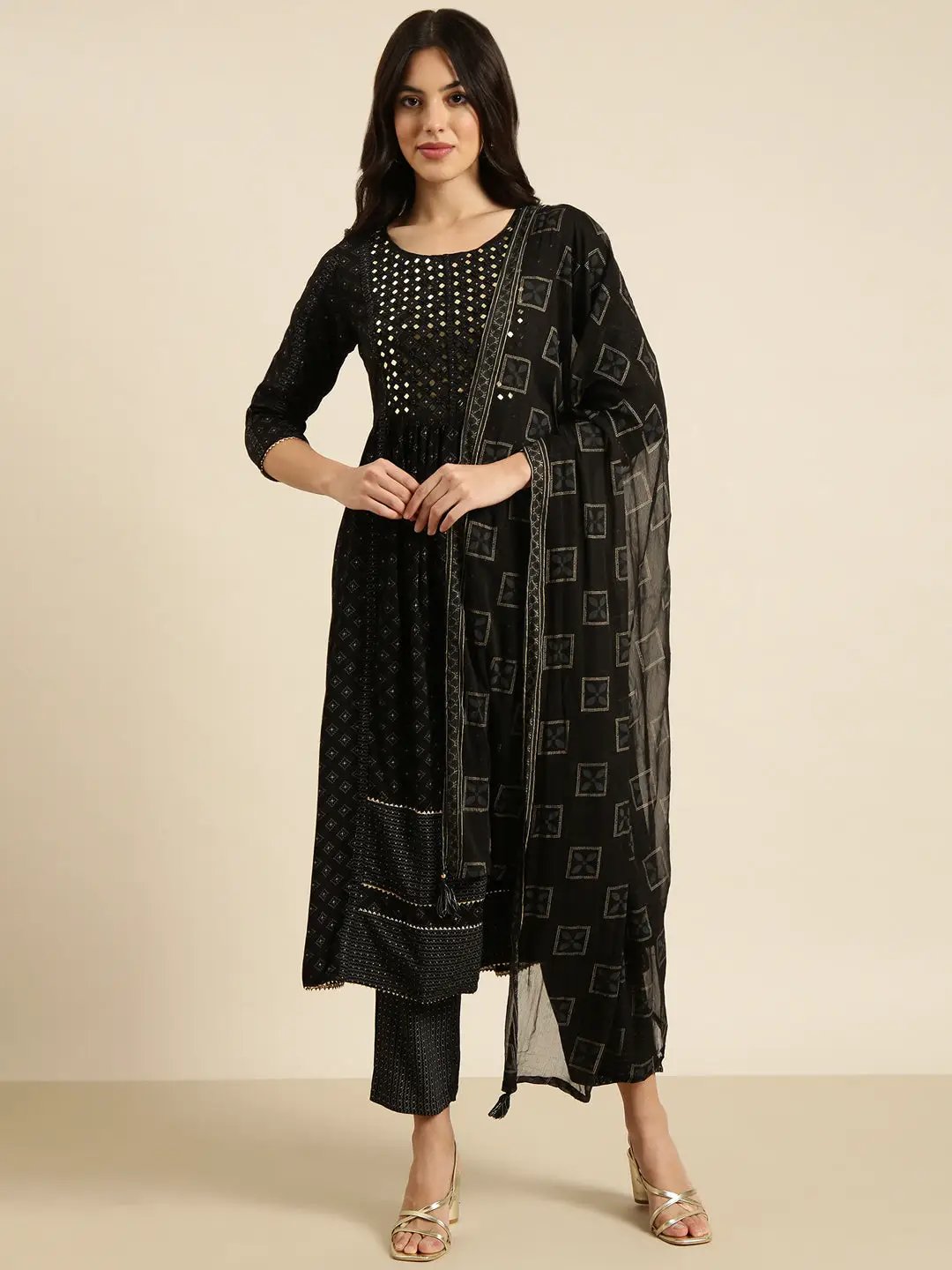 Women's A-Line Black Printed Kurta Sets with Trousers & Dupatta