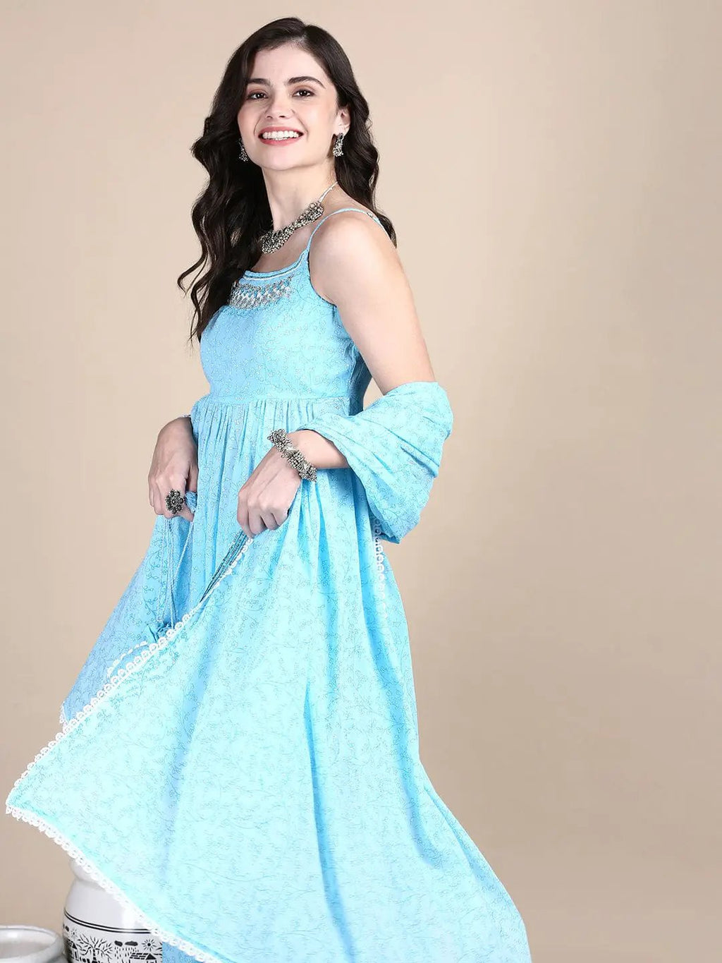 Women's Floral Blue Anarkali Kurta Set with Dupatta & Potli Bag