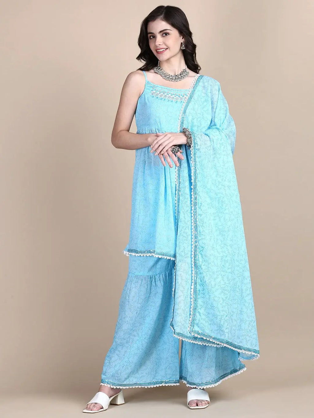 Women's Floral Blue Anarkali Kurta Set with Dupatta & Potli Bag