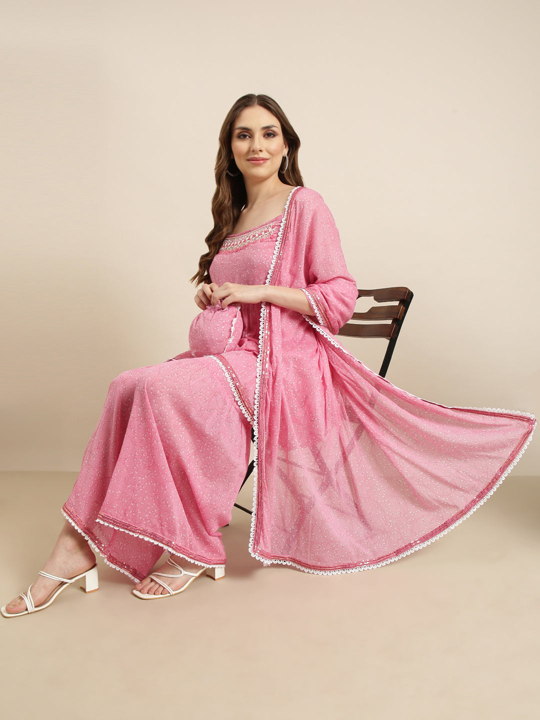 Women's Anarkali Pink Floral Kurta Sets with Sharara & Dupatta and Potli Bag