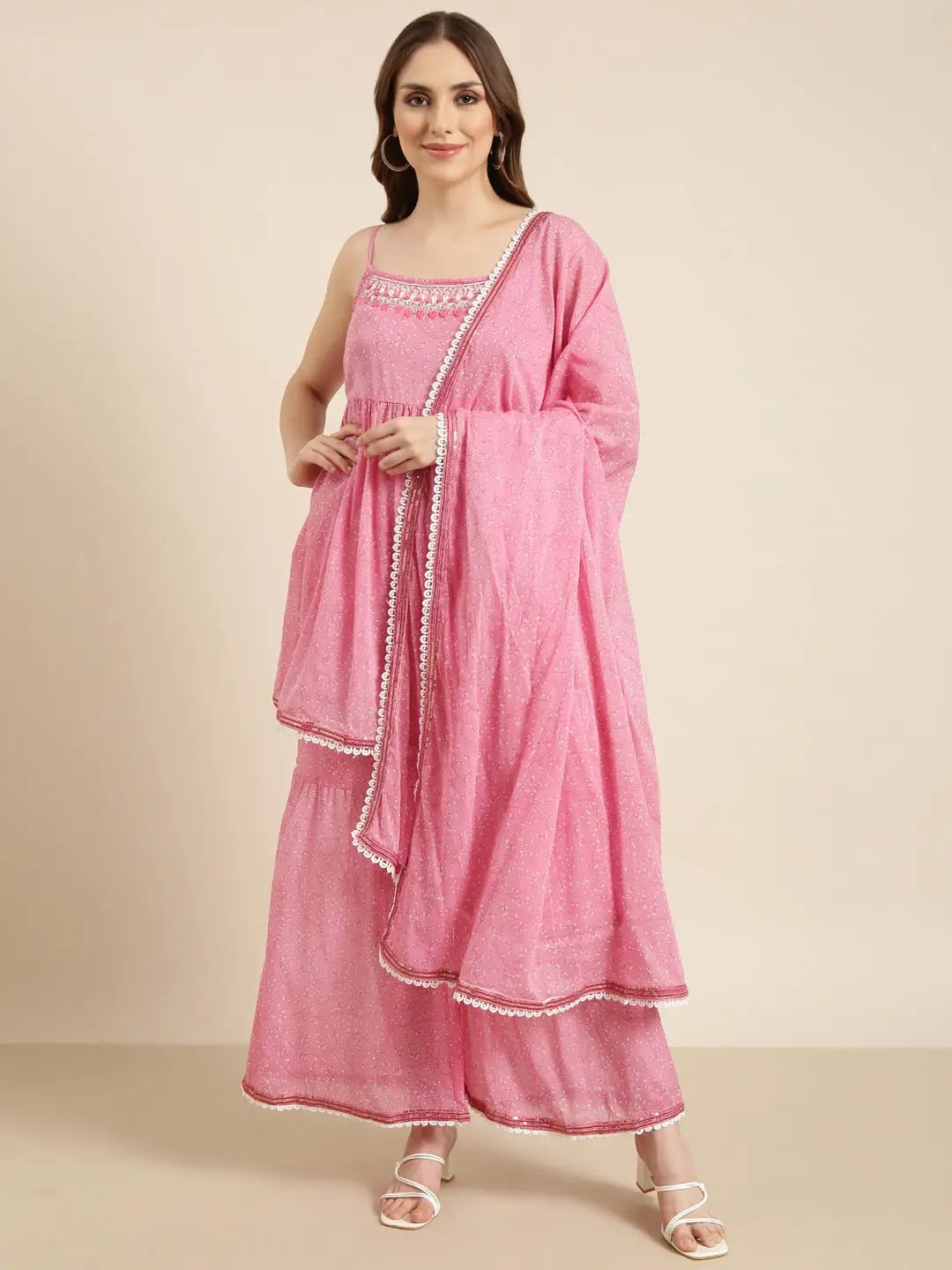 Women's Anarkali Pink Floral Kurta Sets with Sharara & Dupatta and Potli Bag