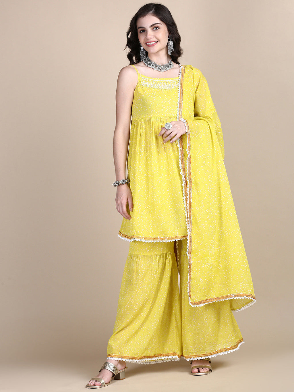 Women's Yellow Floral Kurta Set with Dupatta & Potli Bag