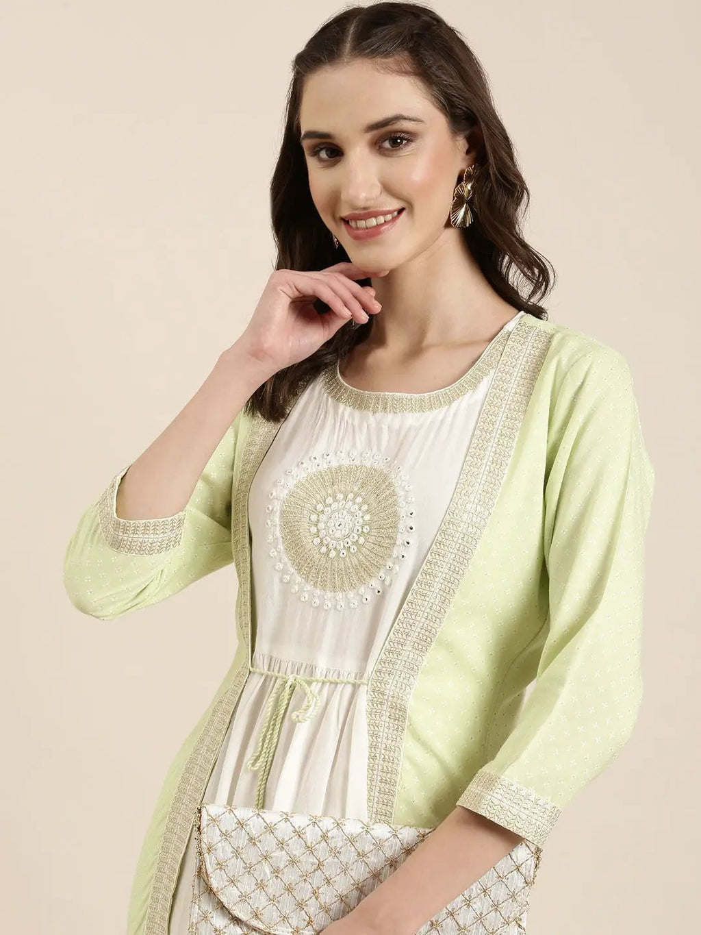 Women's Off White Embroidered Mirror Work Anarkali Kurta with Shrug
