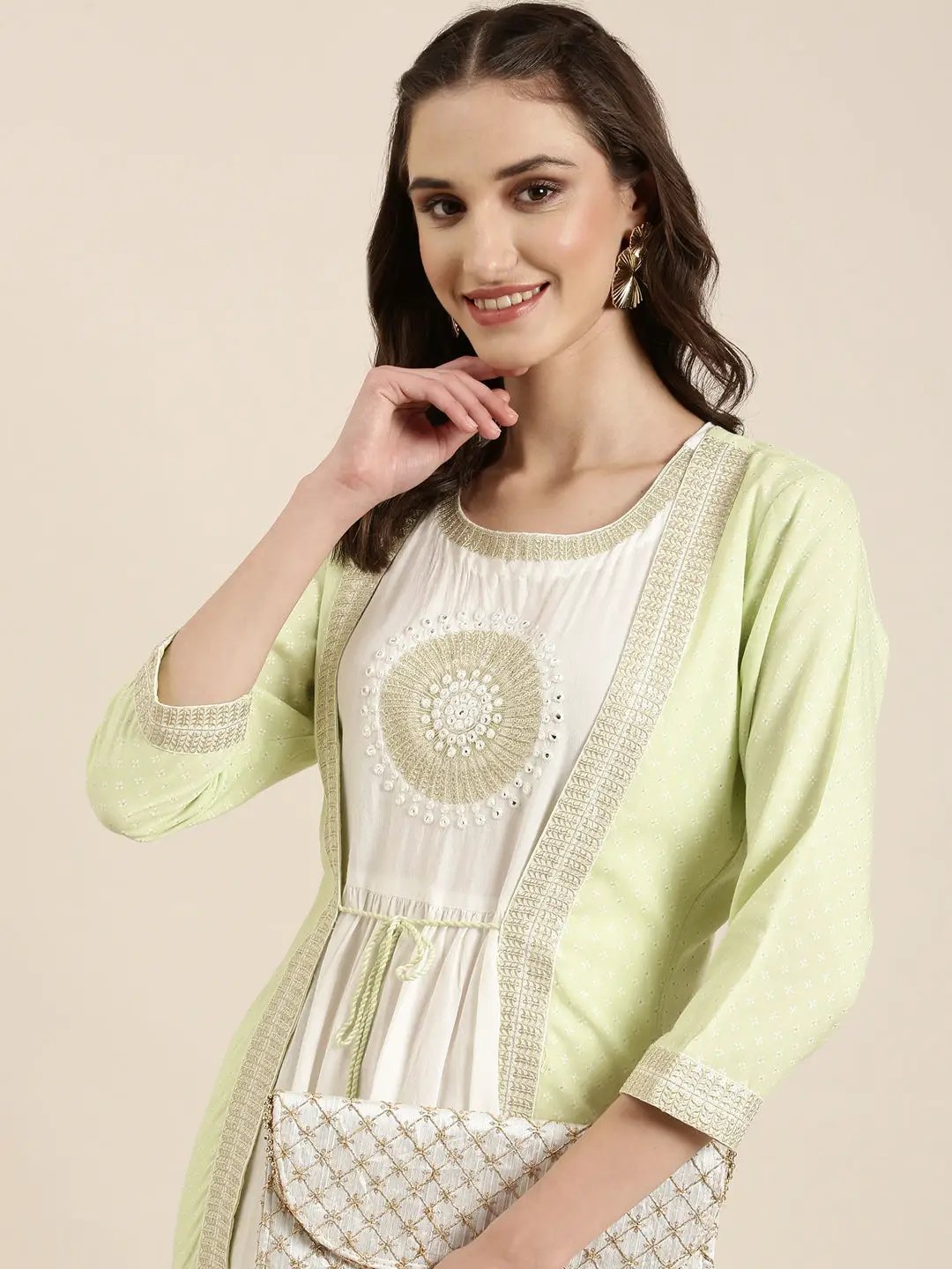 Women's Off White Embroidered Mirror Work Anarkali Kurta with Shrug