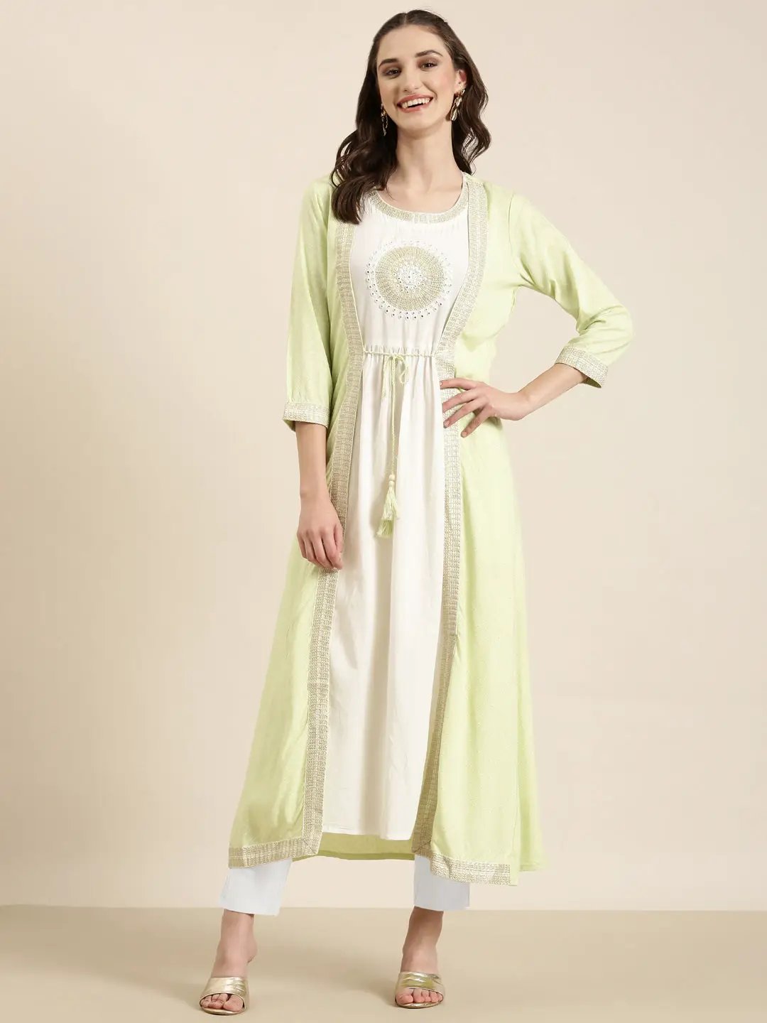Women's Off White Embroidered Mirror Work Anarkali Kurta with Shrug
