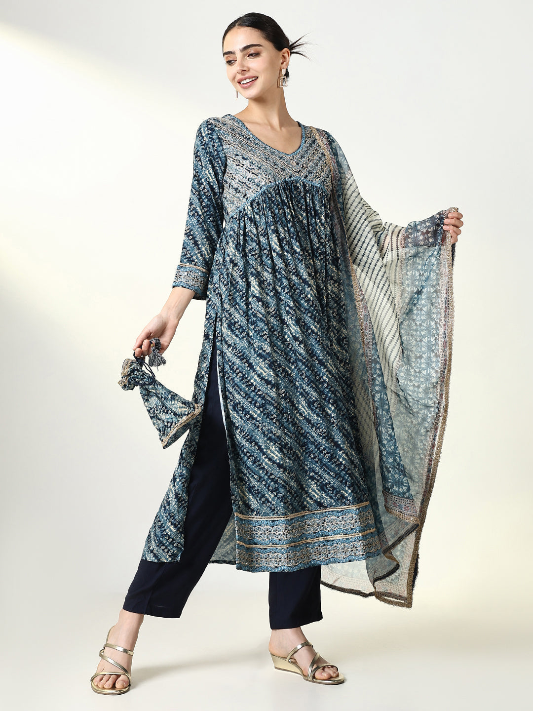Women's Abstract Navy Blue Kurta Set with Dupatta