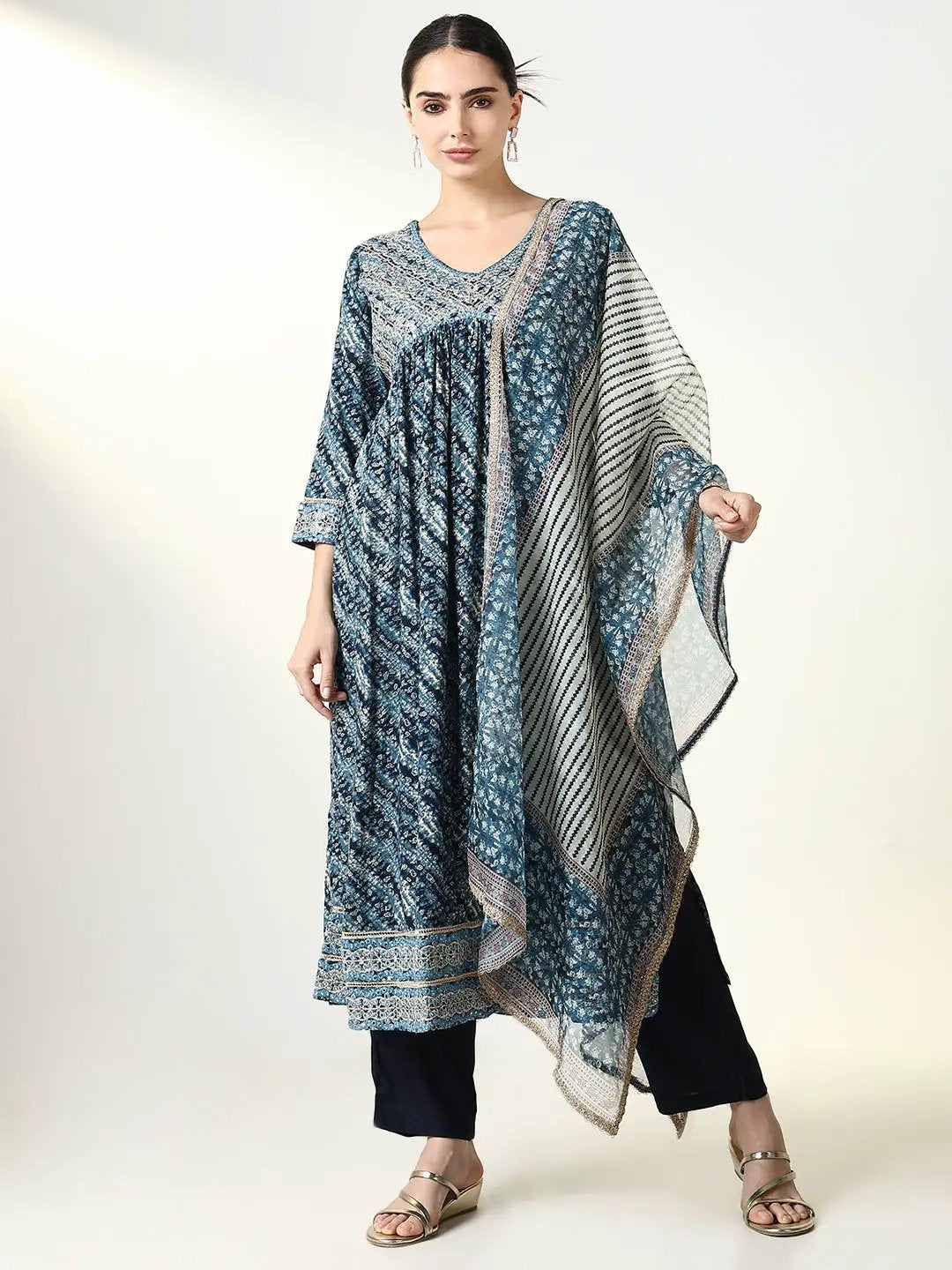 Women's Abstract Navy Blue Kurta Set with Dupatta