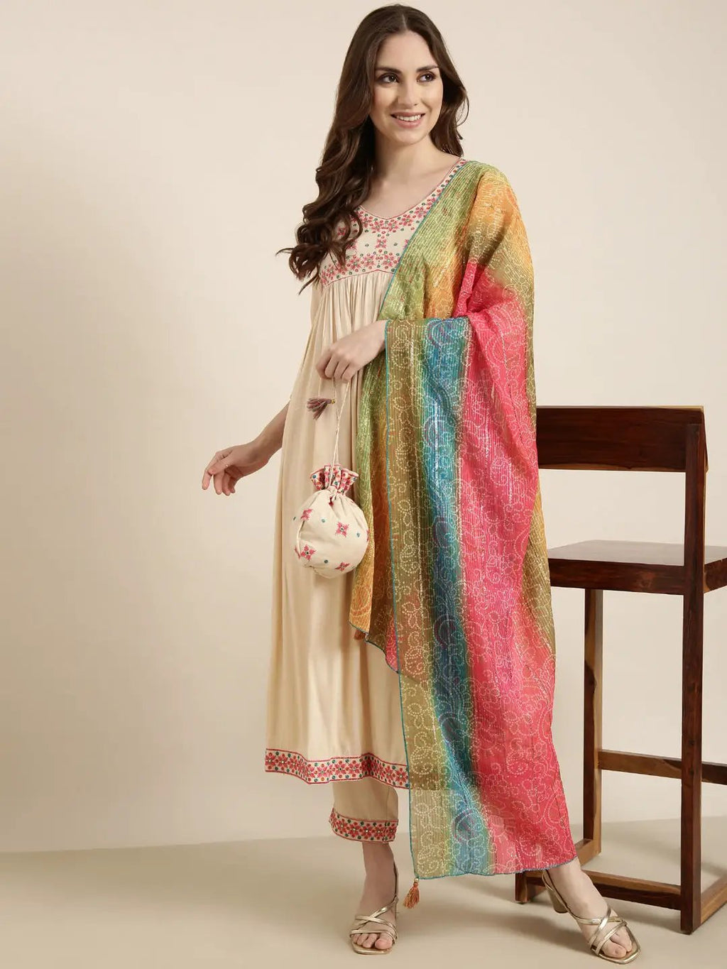 Women's Anarkali Beige Solid Kurta Sets with Trousers & Dupatta