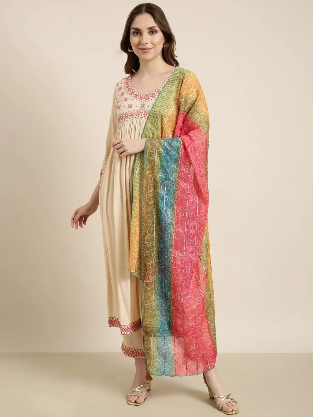 Women's Anarkali Beige Solid Kurta Sets with Trousers & Dupatta