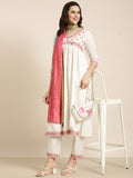 Women's A-Line Off White Solid Kurta Sets with Trousers & Dupatta