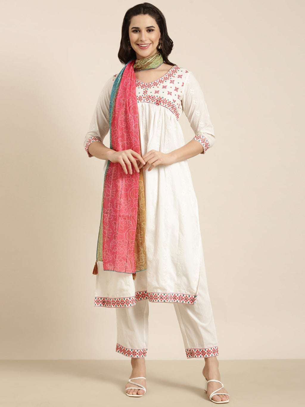 Women's A-Line Off White Solid Kurta Sets with Trousers & Dupatta