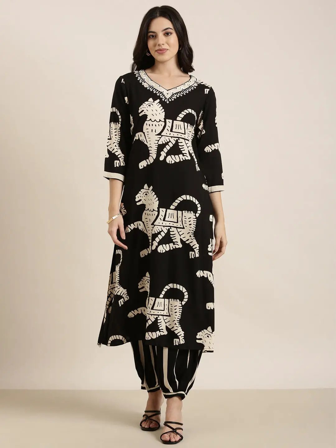 Women's Straight Black Ethnic Motifs Kurta and Patiala Set