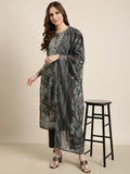 Women's Ethnic Straight Grey Floral Kurta Sets with Trousers & Dupatta