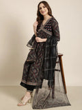 Women's A-Line Navy Blue Ethnic Motifs Kurta Sets with Trousers & Dupatta