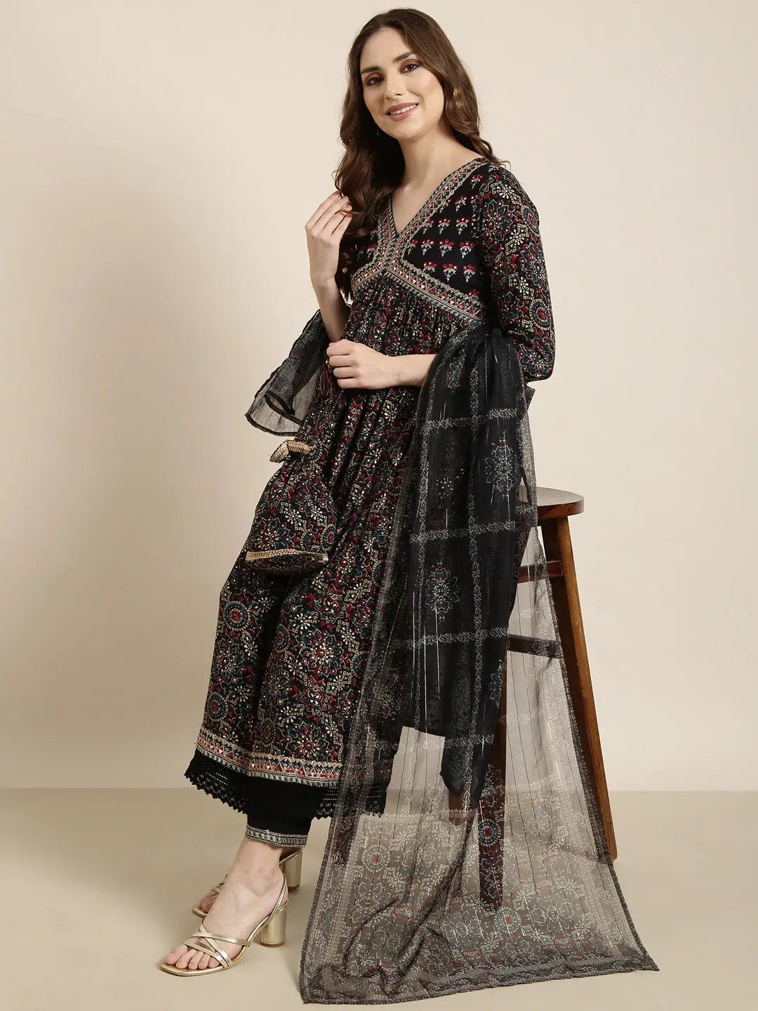Women's A-Line Navy Blue Ethnic Motifs Kurta Sets with Trousers & Dupatta
