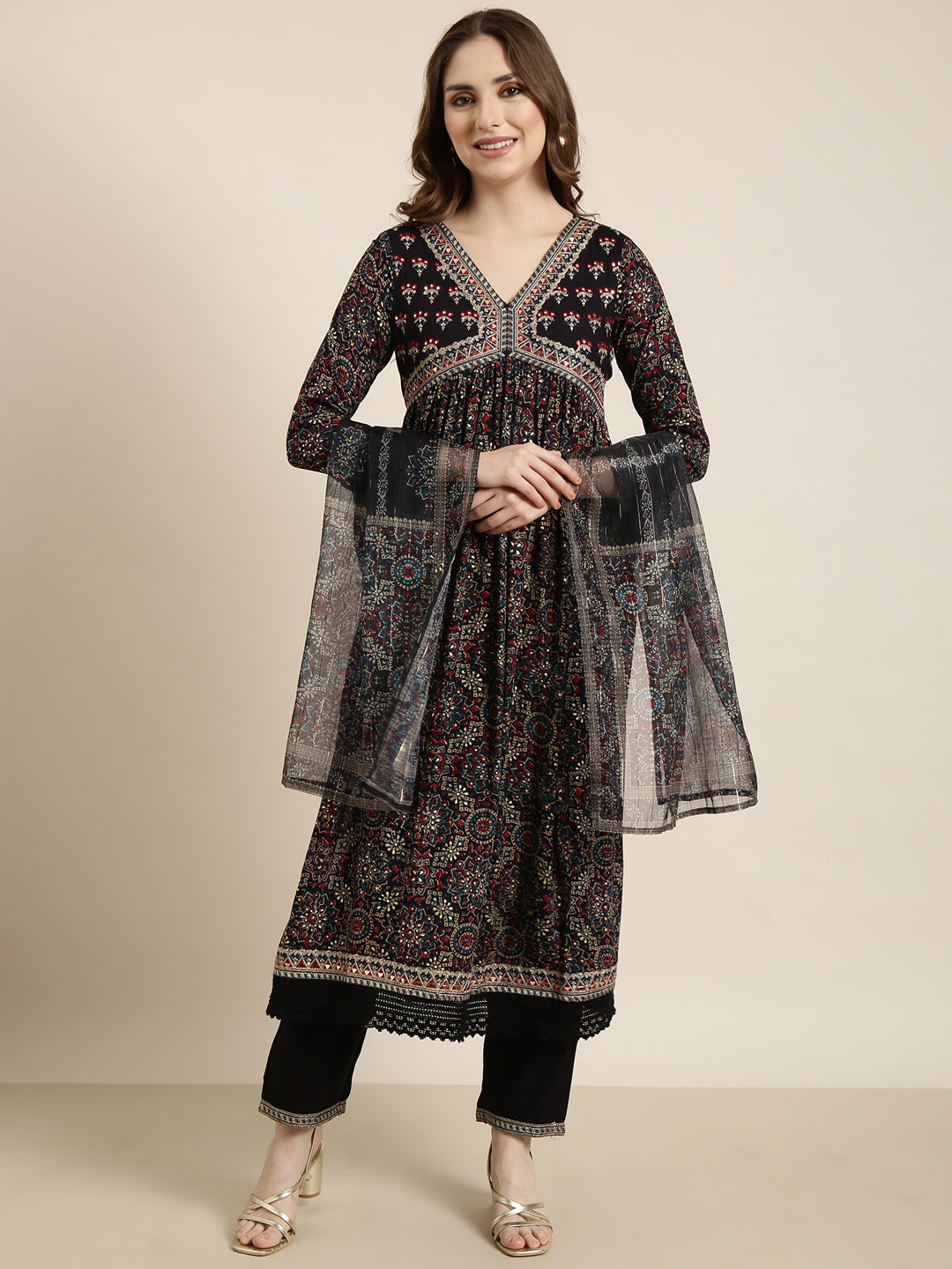 Women's A-Line Navy Blue Ethnic Motifs Kurta Sets with Trousers & Dupatta