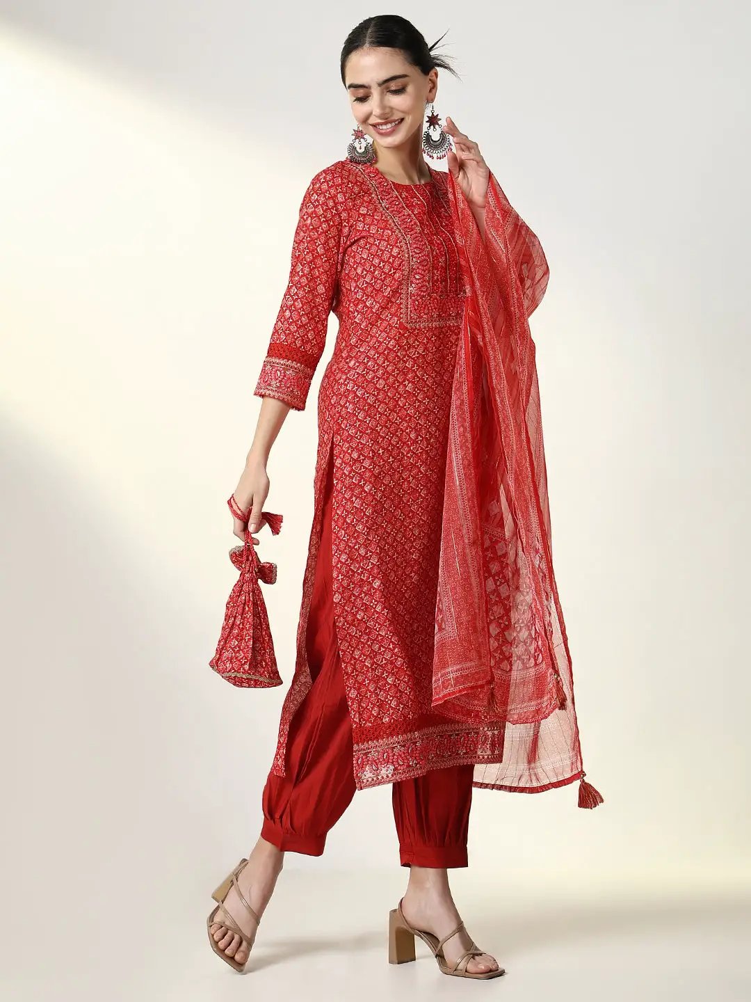 Women's Graphic Red Straight Kurta Set with Dupatta