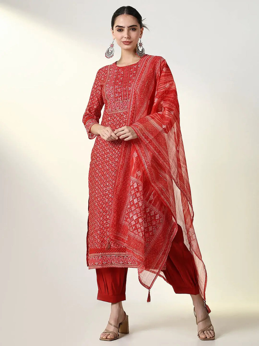 Women's Graphic Red Straight Kurta Set with Dupatta
