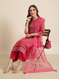 Women's Straight Pink Geometric Kurta Sets with Patiala & Dupatta & Potli Bag