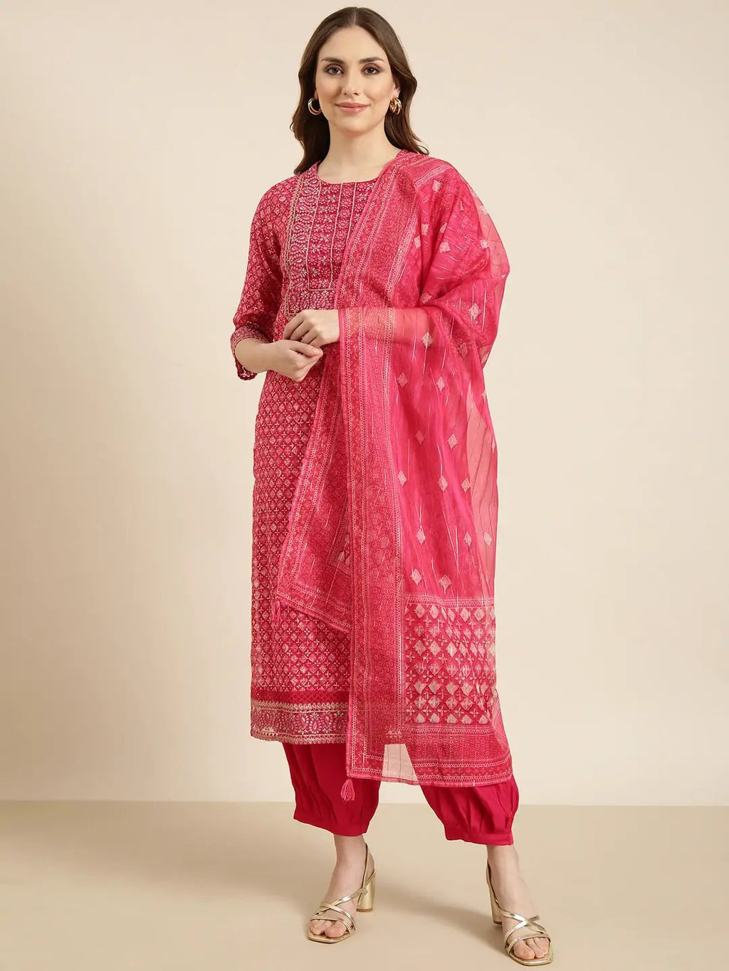 Women's Straight Pink Geometric Kurta Sets with Patiala & Dupatta & Potli Bag