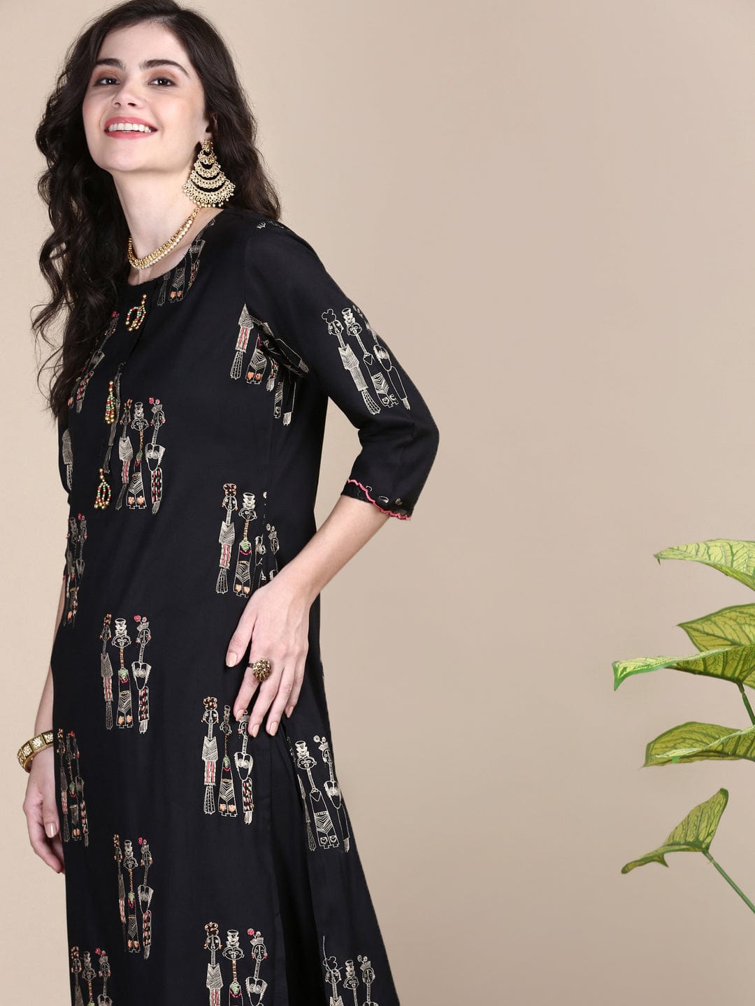 Women's Tribal Black Straight Kurta Set