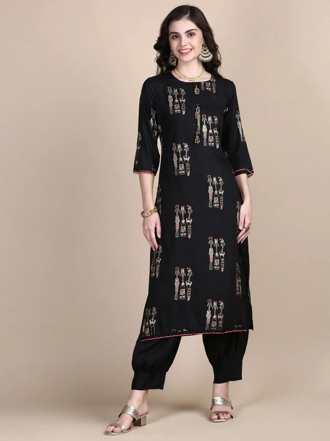 Women's Tribal Black Straight Kurta Set