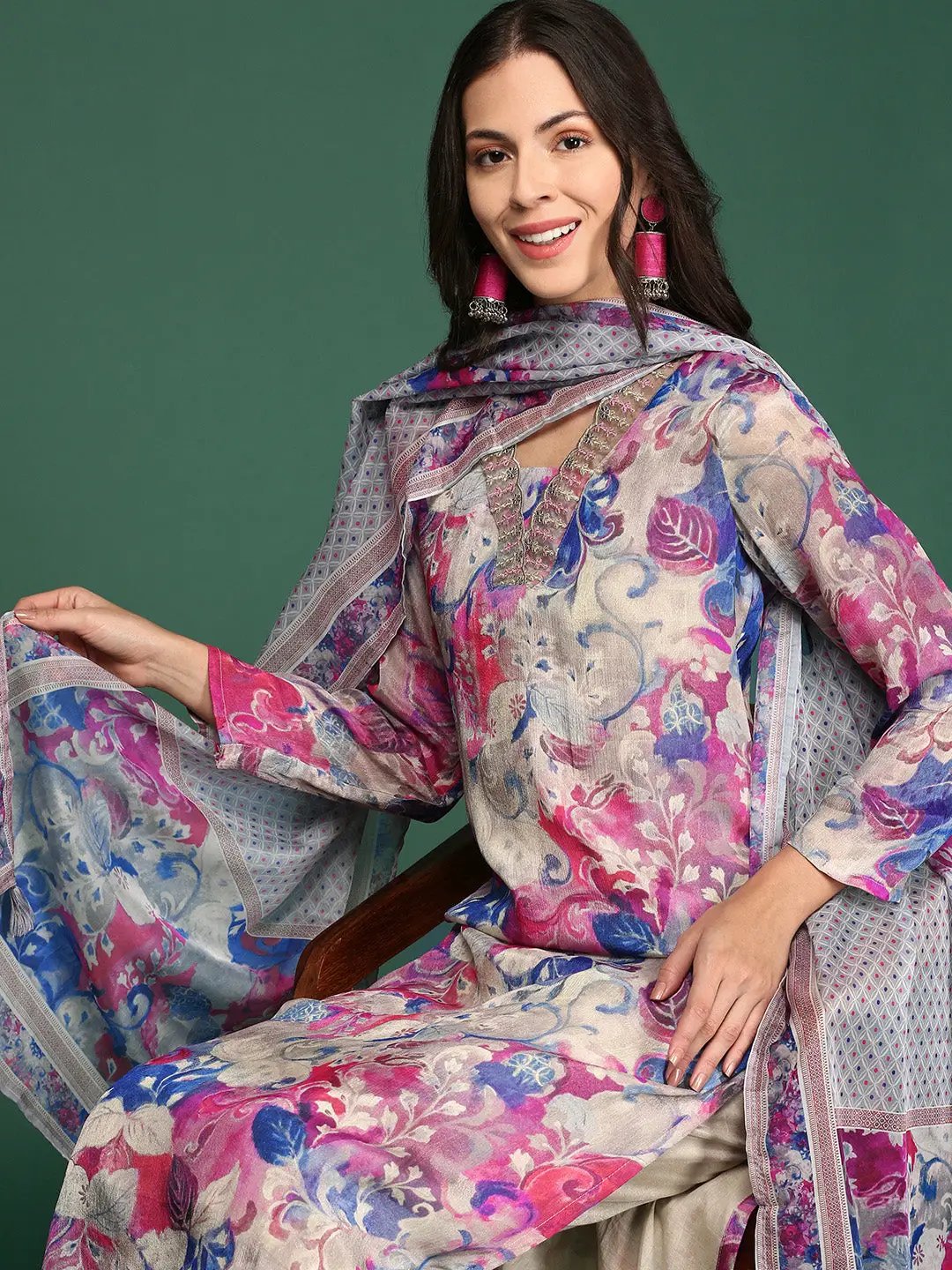 Women's Floral Blue Straight Kurta Set with Dupatta