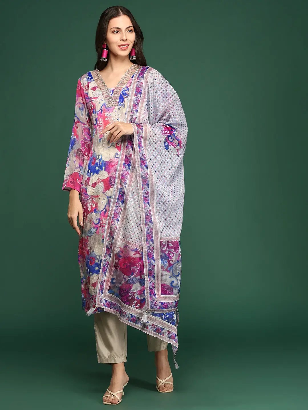 Women's Floral Blue Straight Kurta Set with Dupatta