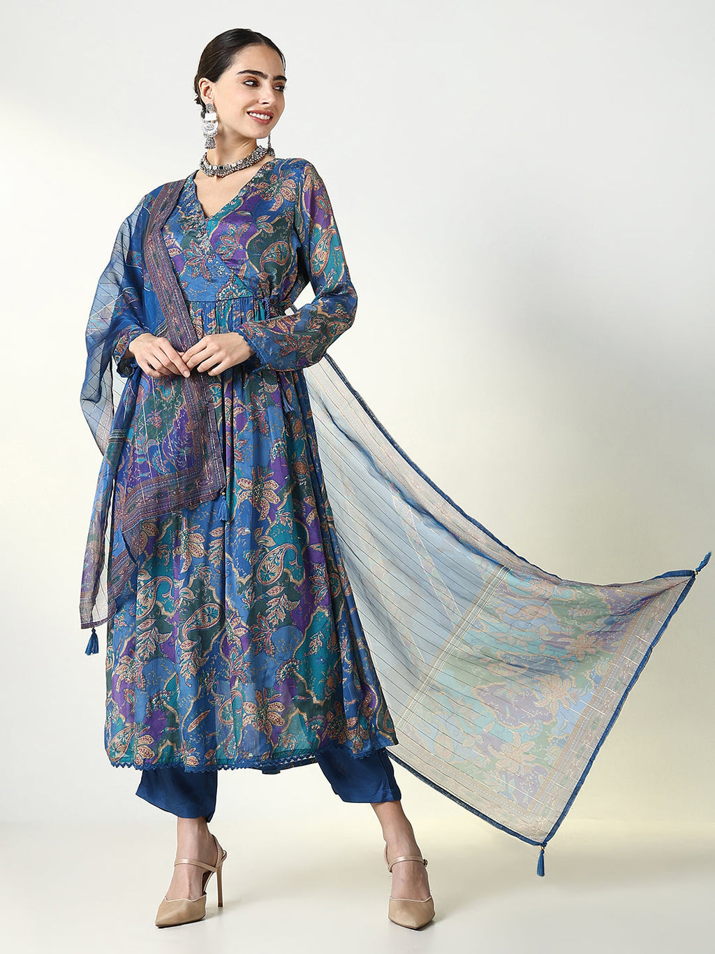 Women's Floral Prints Blue Anarkali Kurta Set with Dupatta