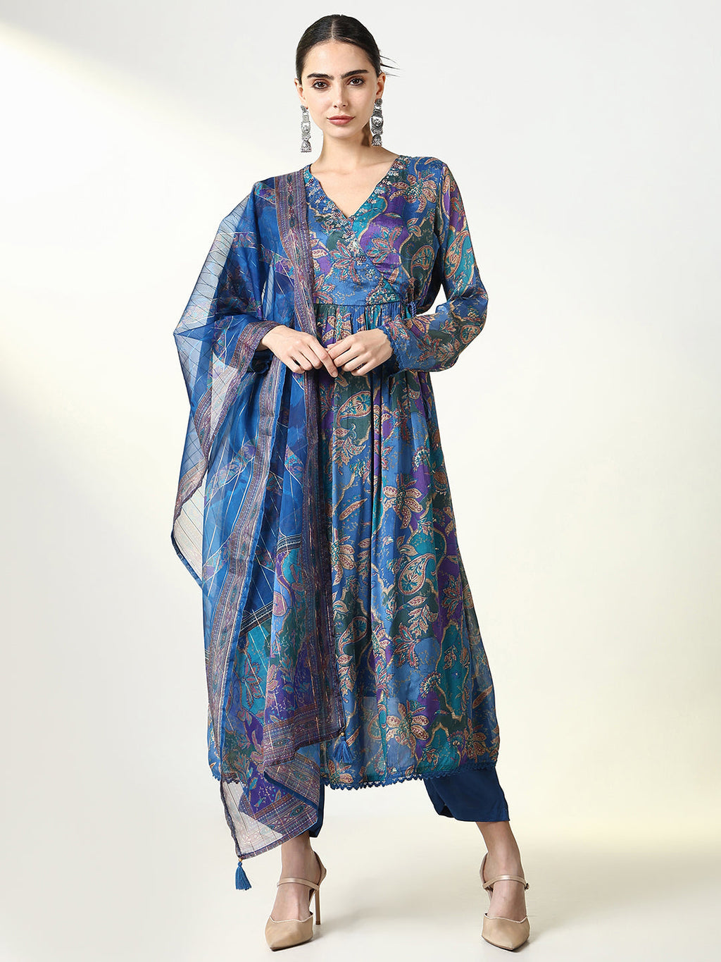 Women's Floral Prints Blue Anarkali Kurta Set with Dupatta
