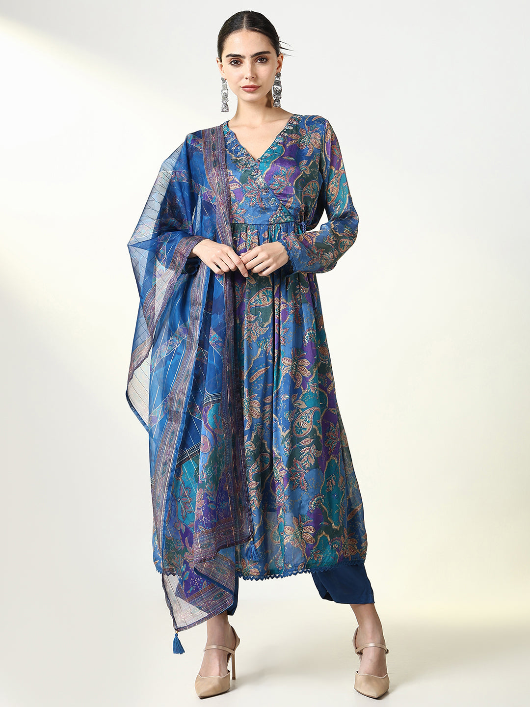 Women's Floral Prints Blue Anarkali Kurta Set with Dupatta