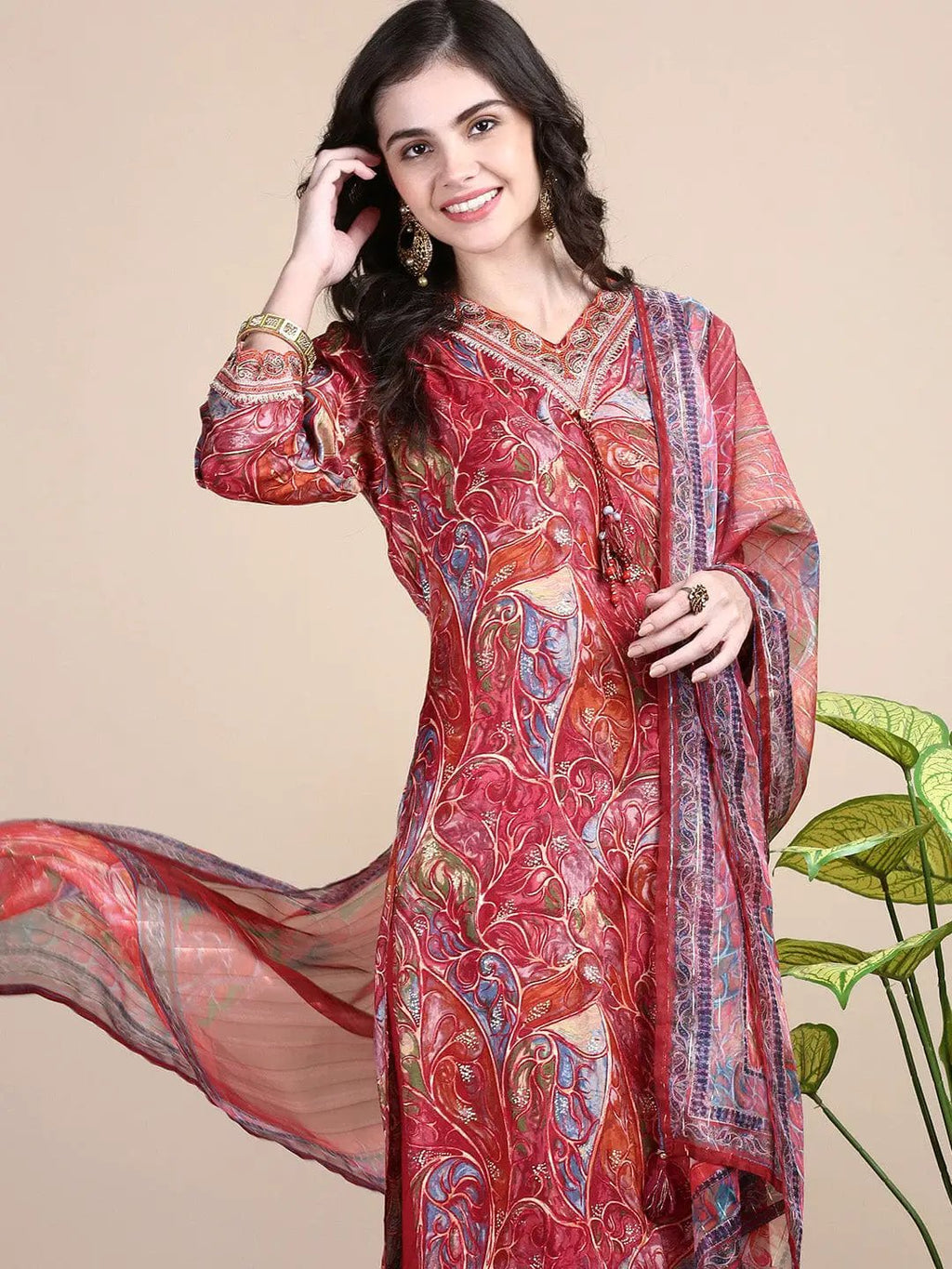 Women's Abstract Maroon Straight Kurta Set with Dupatta