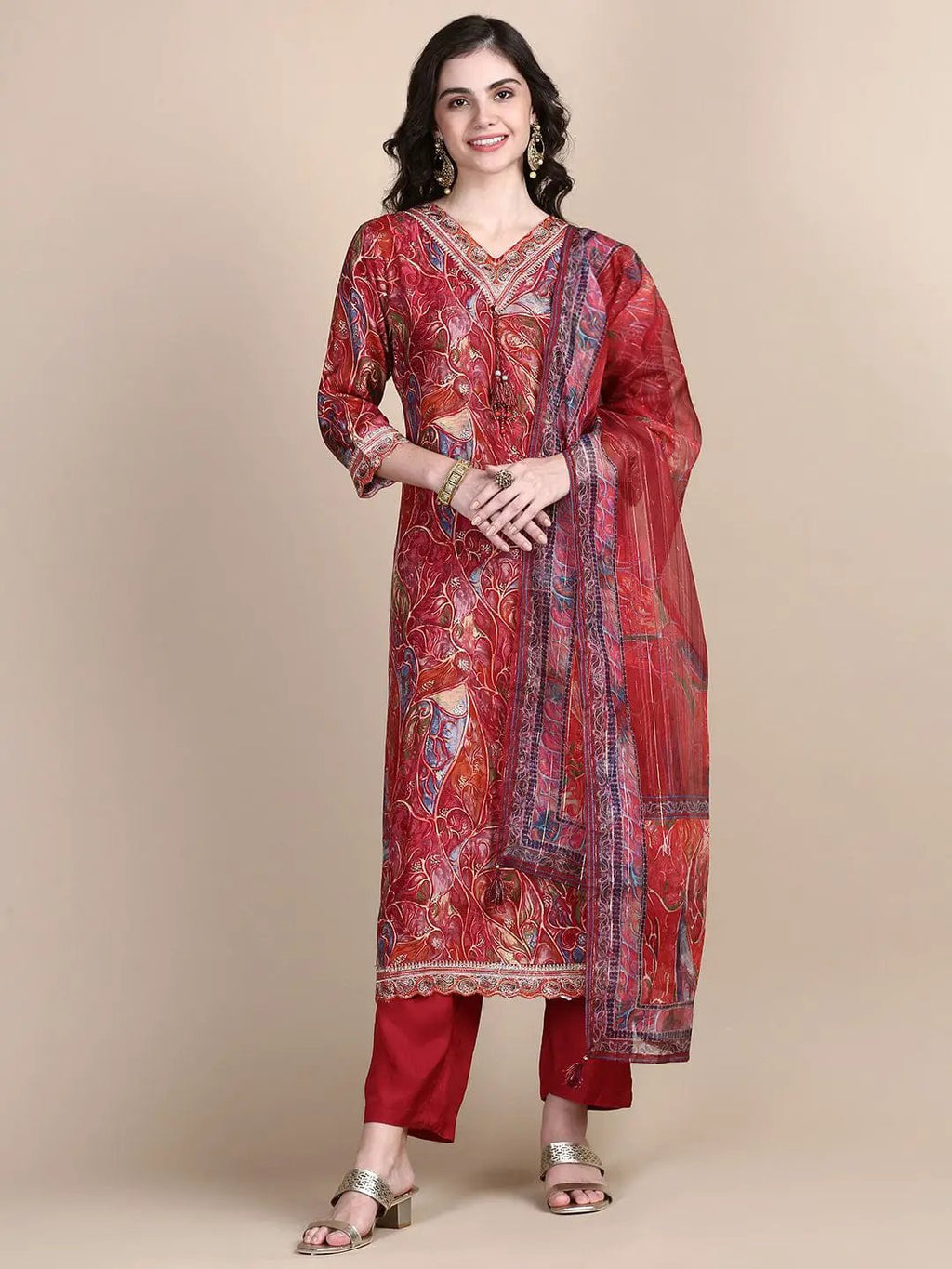Women's Abstract Maroon Straight Kurta Set with Dupatta