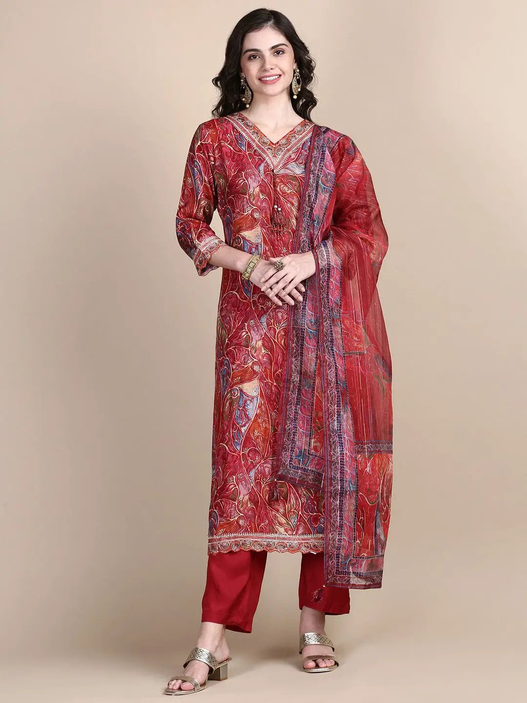 Women's Abstract Maroon Straight Kurta Set with Dupatta