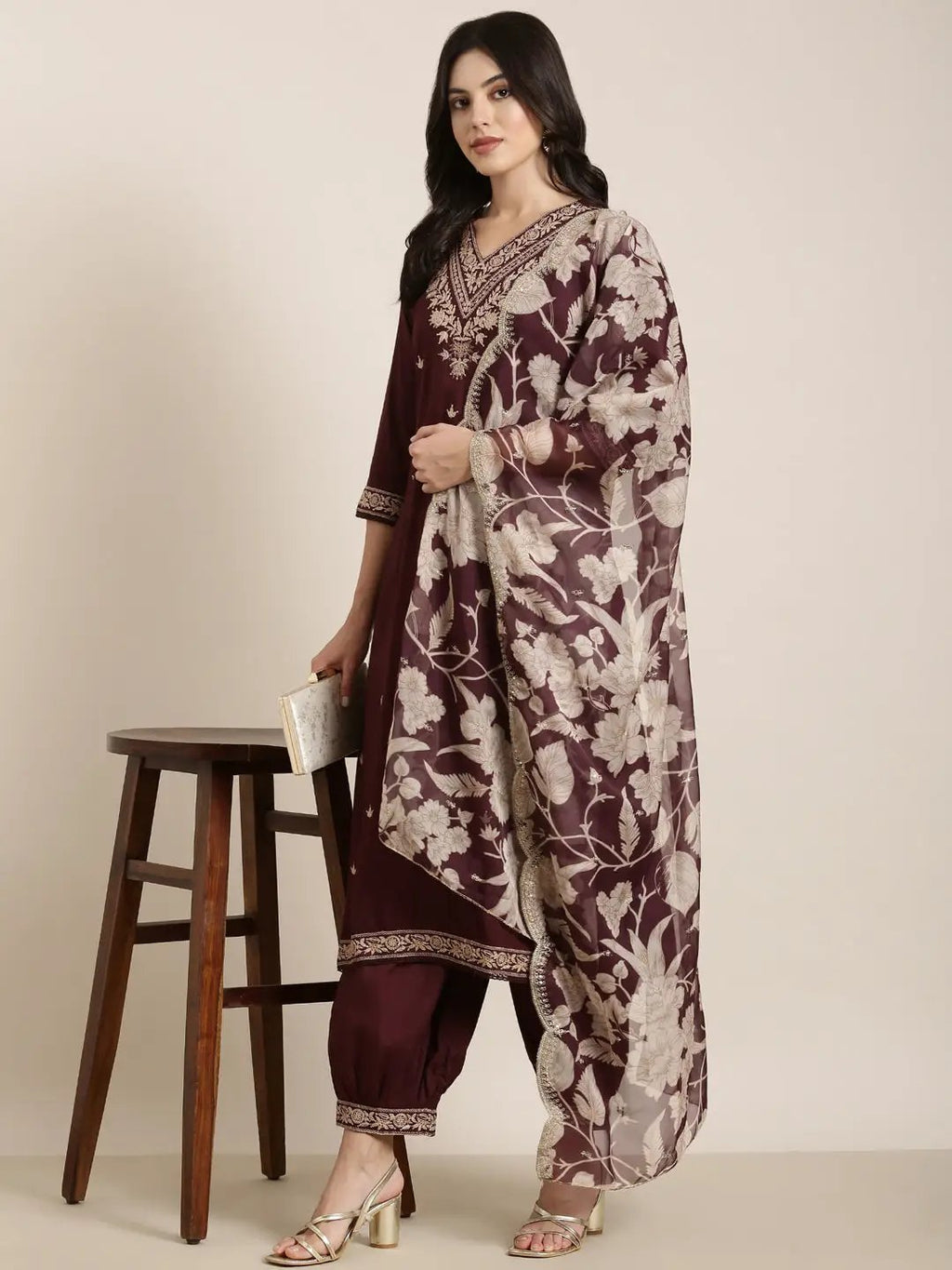 Women's Straight Maroon Solid Kurta Sets with Trousers & Dupatta