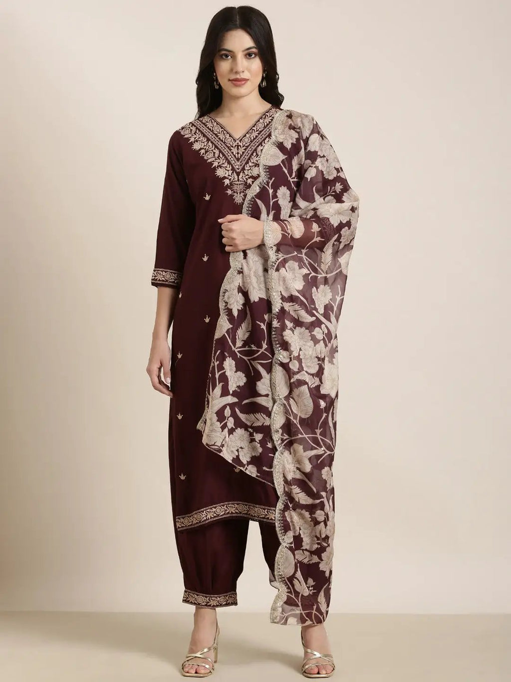 Women's Straight Maroon Solid Kurta Sets with Trousers & Dupatta