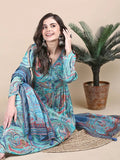 Women's Abstract Turquoise Blue Anarkali Kurta Set with Dupatta