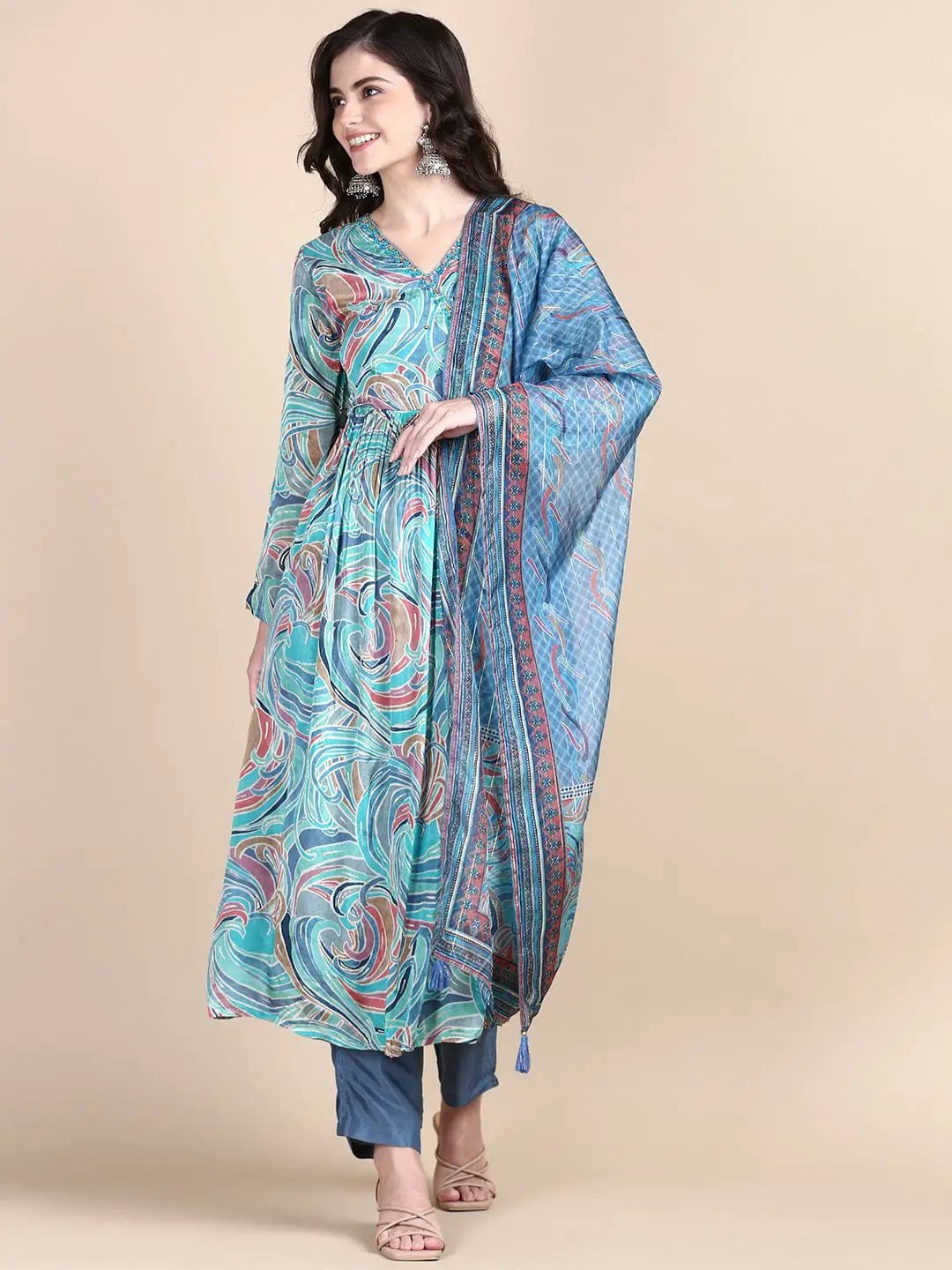 Women's Abstract Turquoise Blue Anarkali Kurta Set with Dupatta