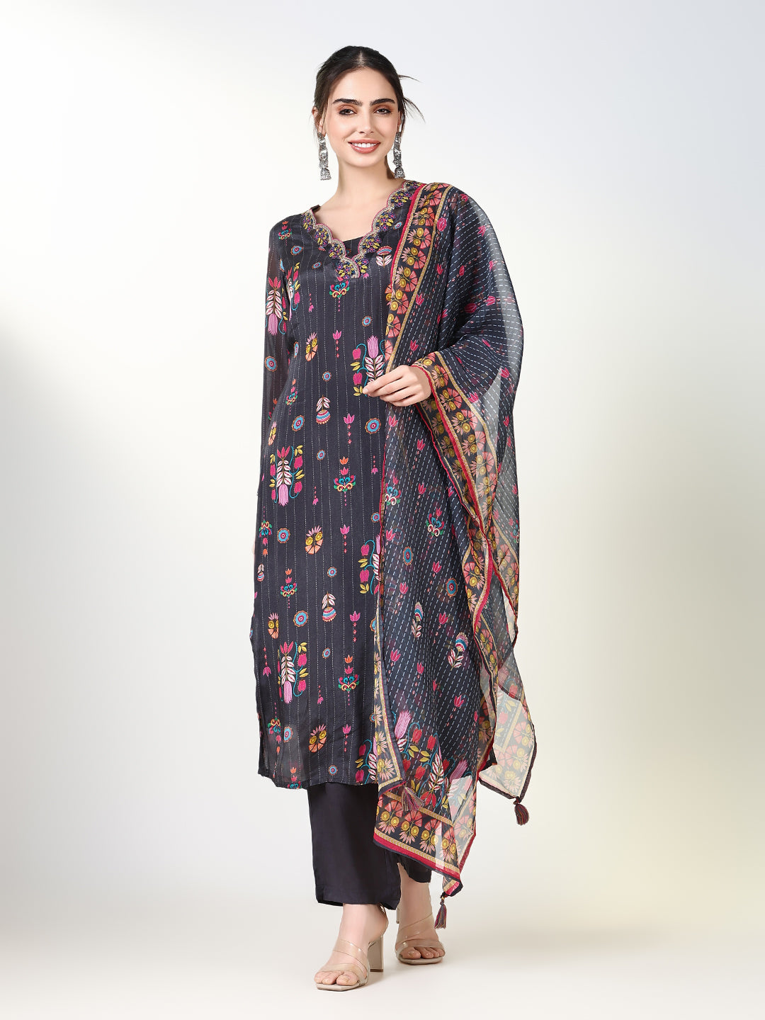 Women's Ethnic Graphic Printed Grey Straight Kurta Set with Dupatta