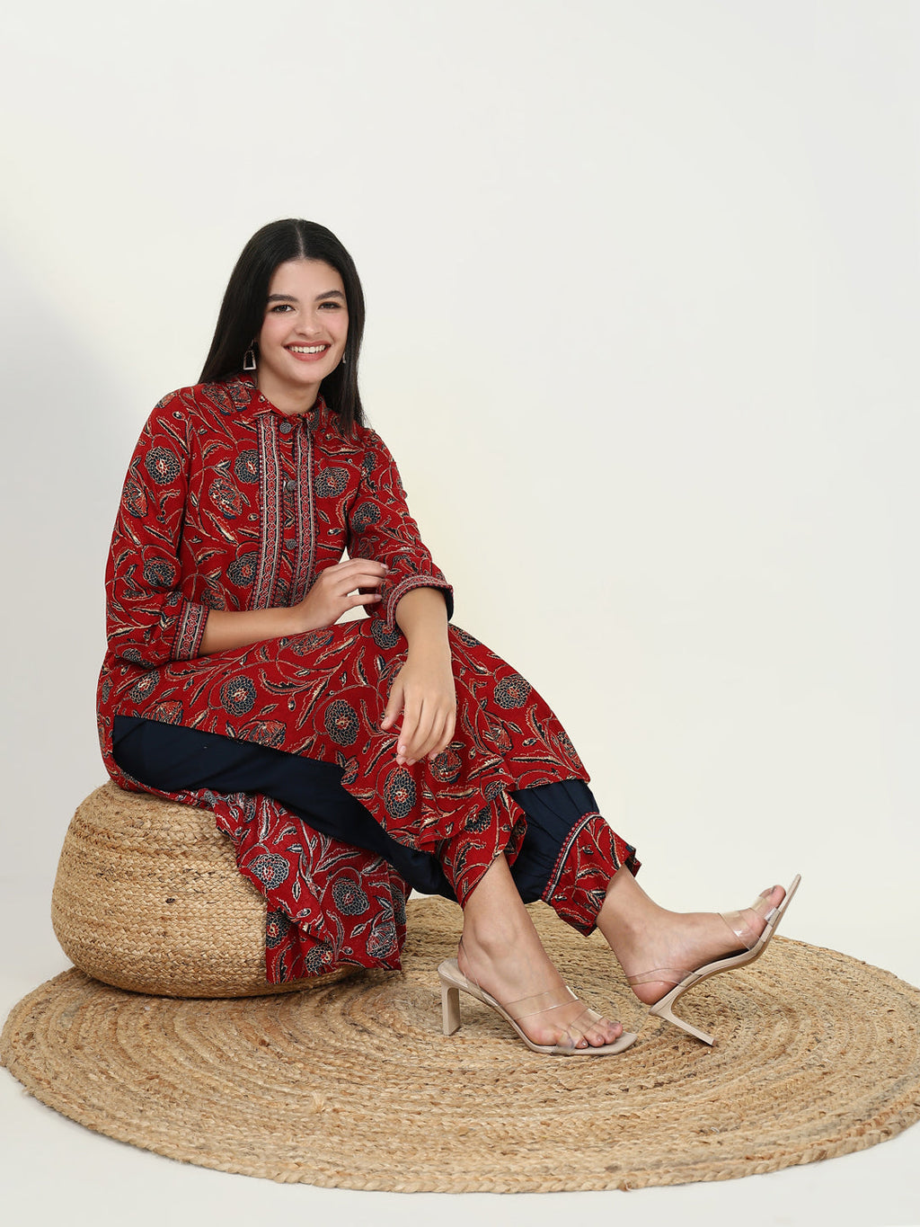 Women's Floral Red Straight Kurta Set