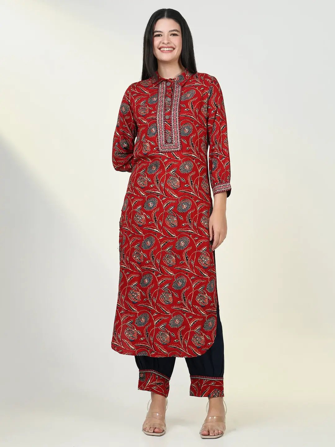 Women's Floral Red Straight Kurta Set