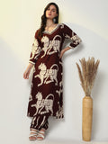 Women's Burgundy Animal Print Straight Kurta Set
