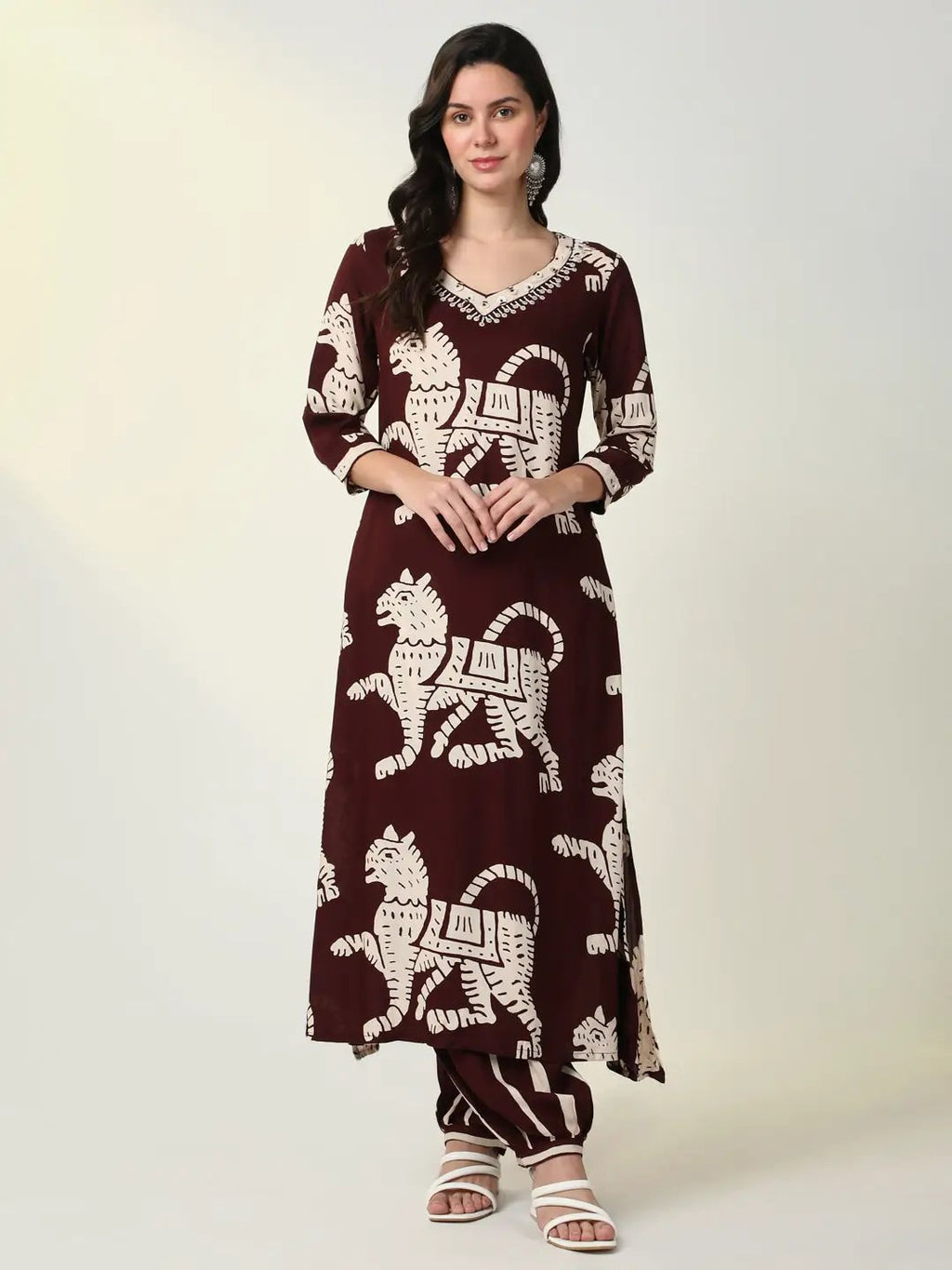 Women's Burgundy Animal Print Straight Kurta Set